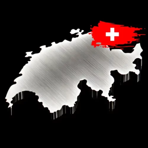 Laserhub_in_der_Schweiz Das Land Schweiz in Metallform von Laserhub mit Schweizer Flagge.