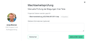 Laserhub Plattform mit dem Aktionsfenster um eine Machbarkeitsprüfung zu beauftragen