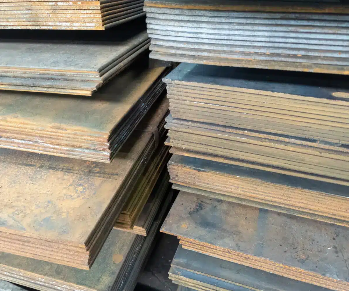 Stapel dicker Metallplatten zeigen eine hohe Materialverfügbarkeit
