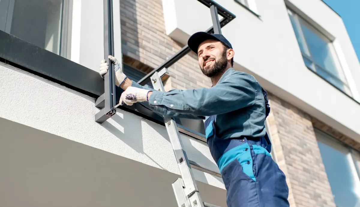 Mann konstruiert einen Balkon aus Metallteilen