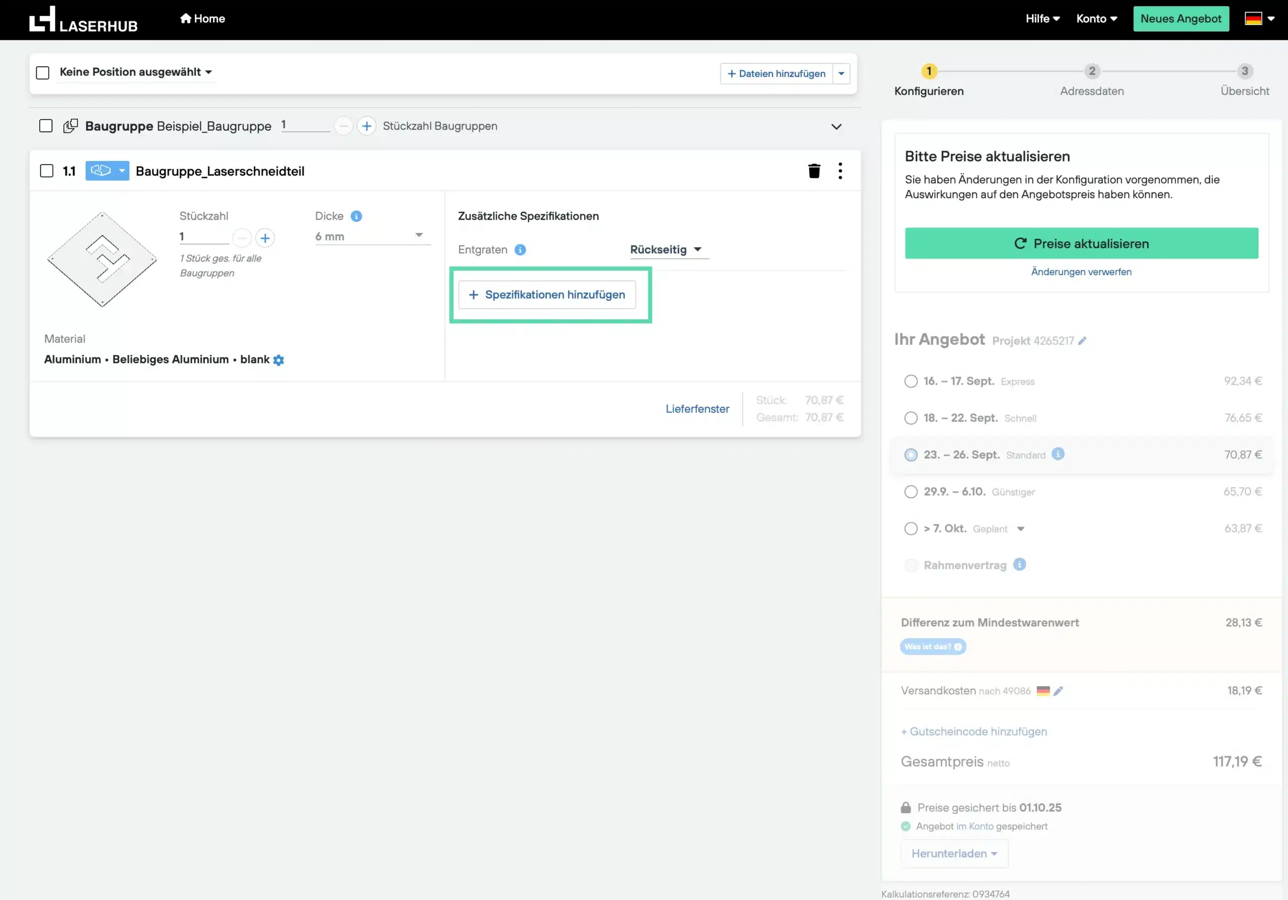 Die Auswahl für das Abnahmeprüfzeugnis finden Sie unter 