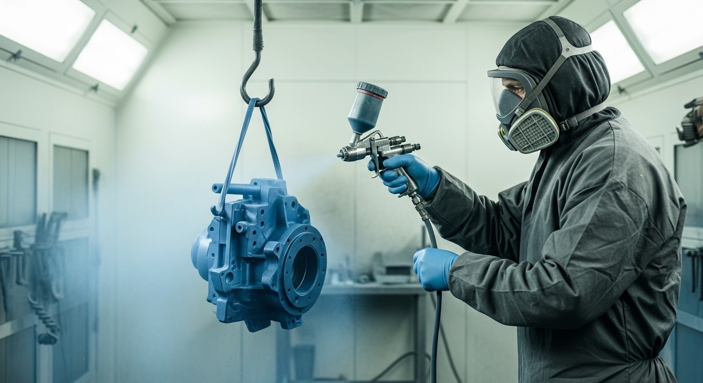 Ein Mann führt eine Pulverbeschichtung bei Metallteilen aus.